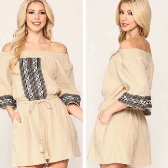 Off Shoulder Rompers with Aztec Print - Picture 1 of 5